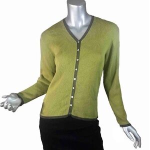 Annex Casual Corner Women’s Large Green Brown Ribbed Cardigan Sweater Stretch